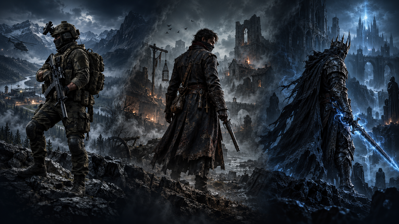 Concept artwork blending a WARDOGS-inspired soldier, a HUNGER-inspired survivor and a Path of Exile 2-inspired exile